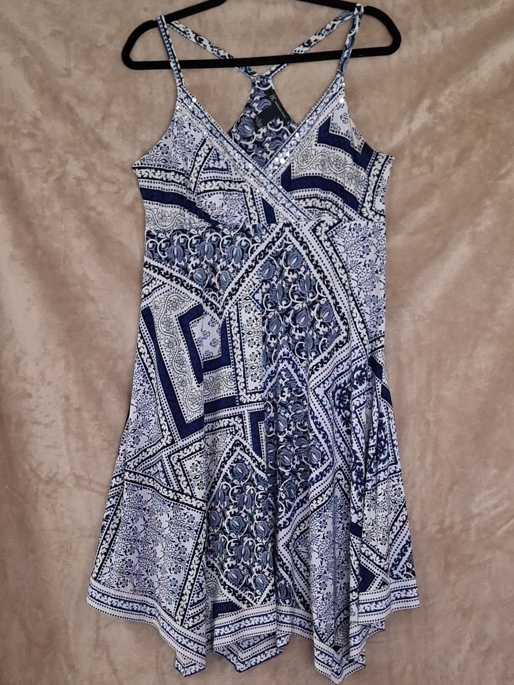 PINC International Concepts Blue and White Printed Dress with V-Neck Detail